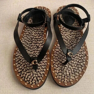 COACH Gracey Black and Brown Leather Thong Sandals with Studs Size 8.5 Leather